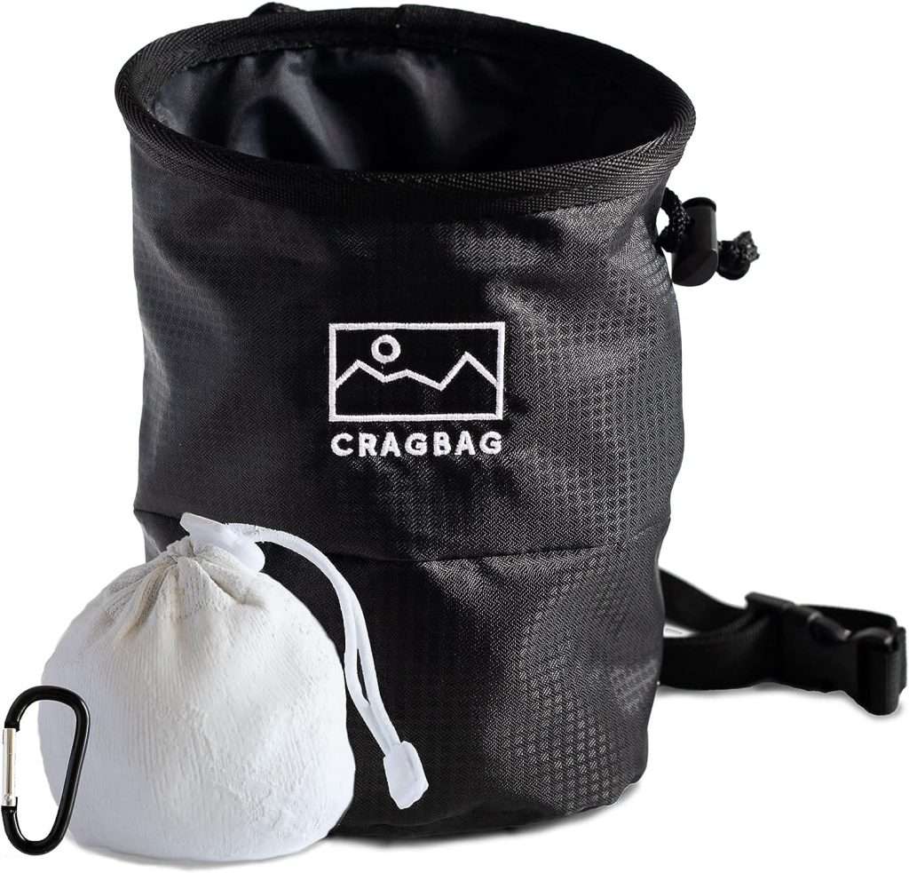 Cragbag Rock Climbing Bag + Chalk Ball + Carabiner - Made with Lightweight Nylon Material, Large Zipper Pocket for Cell Phone, and Elastic Brush Holder by The Bramble Company