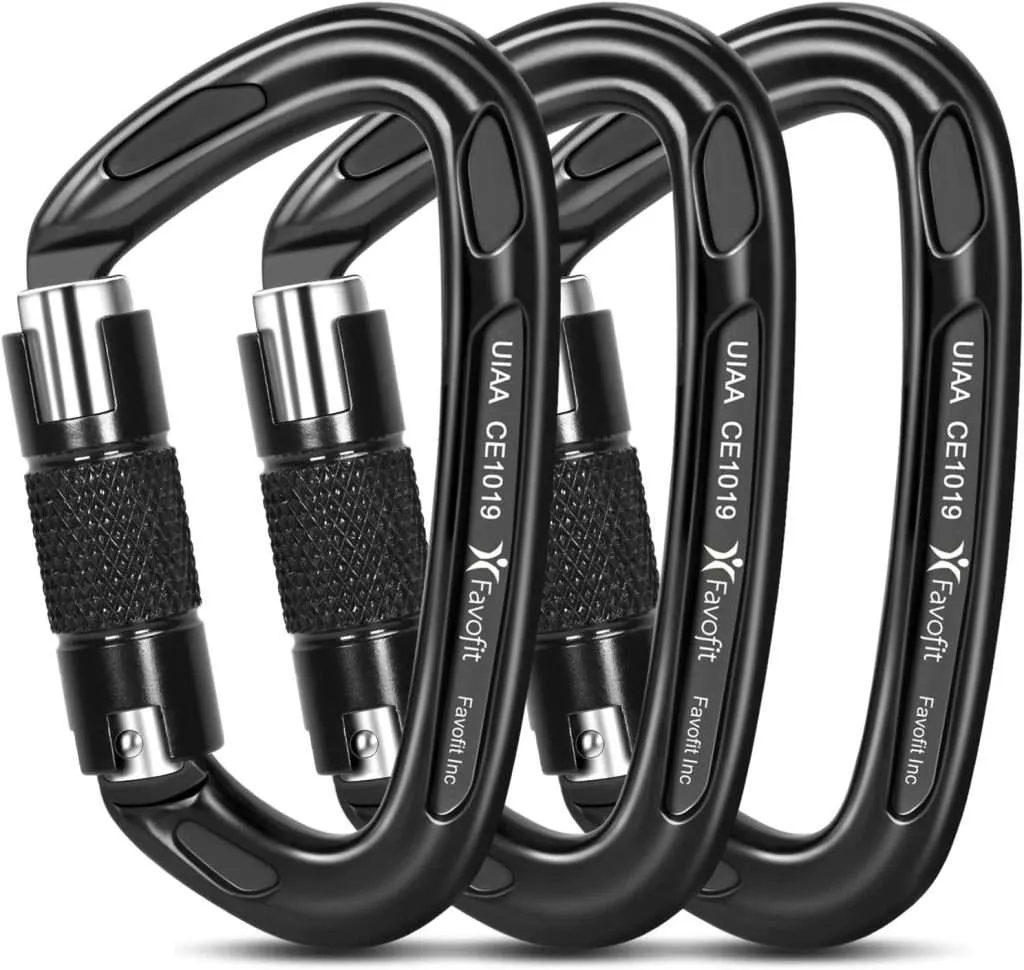 Favofit UIAA Certified Climbing Carabiners (Certificate No.: USA 20-5611), 3 Pack, 25KN (5620 lbs) Heavy Duty Large Locking Carabiner Clips for Rock/Ice Climbing Rappelling Rescue Swing etc.