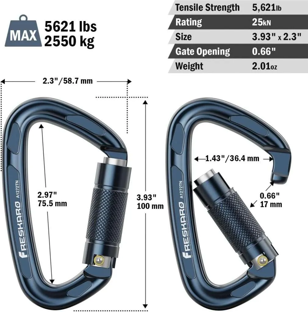 FresKaro 25kN Climbing Carabiner, UIAA Certified, Twist Locking, Made of 7075 Aluminium Material, Lightweight and Rust Free, for Rock Climbing, Rappelling, Rescue etc, 4Inch (Red, Spacegray)