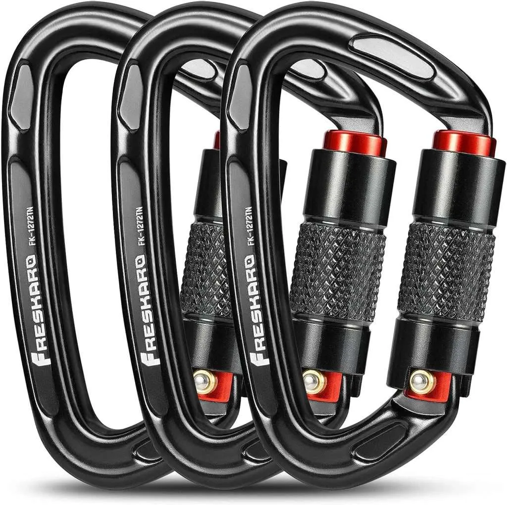 FresKaro UIAA Certified 25KN Auto Locking Climbing Carabiner Clips, Twist Lock, and Heavy Duty Carabiners for Rock Climbing, Rappelling, and Mountaineering, D Shaped 3.93 Inch, Large Size, Black