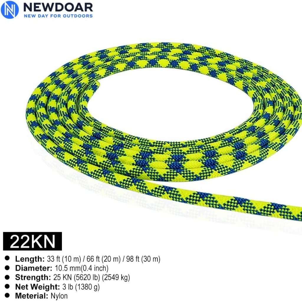NewDoar 10.5mm(3/8in) Dynamic Rope,24KN(5399 lb) Robust Nylon Kernmantle Rope,3 Sizes Multipurpose Rope for Outdoor Mountaineering Rock Climbing Rescue(33ft/66ft/98ft)