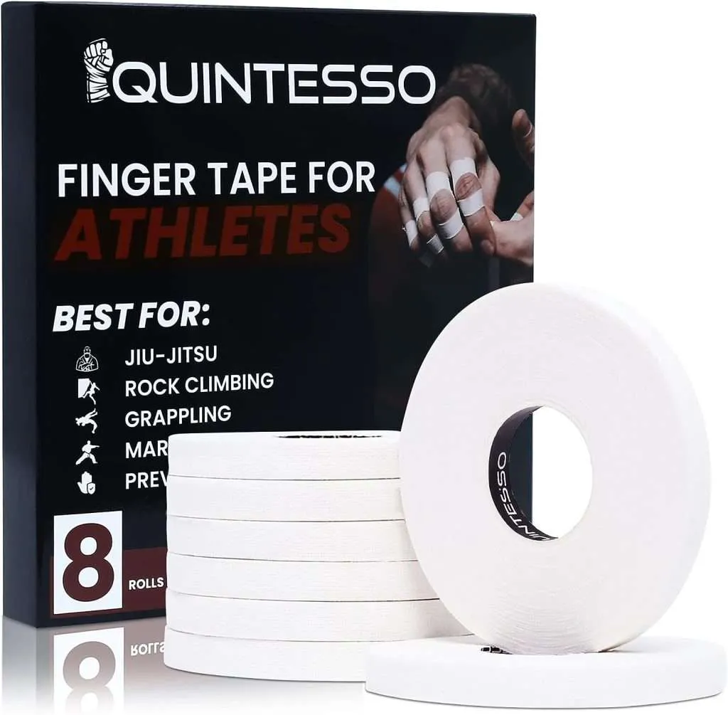 QUINTESSO 8 Pack Finger Tape BJJ - 0.3Inch x 45 Feet Sweat Resistant Climbing Tape for Bouldering, Athletics  Sports - Strong Adhesive White Extended Wear jiu Jitsu BJJ Tape for Ultimate Protection