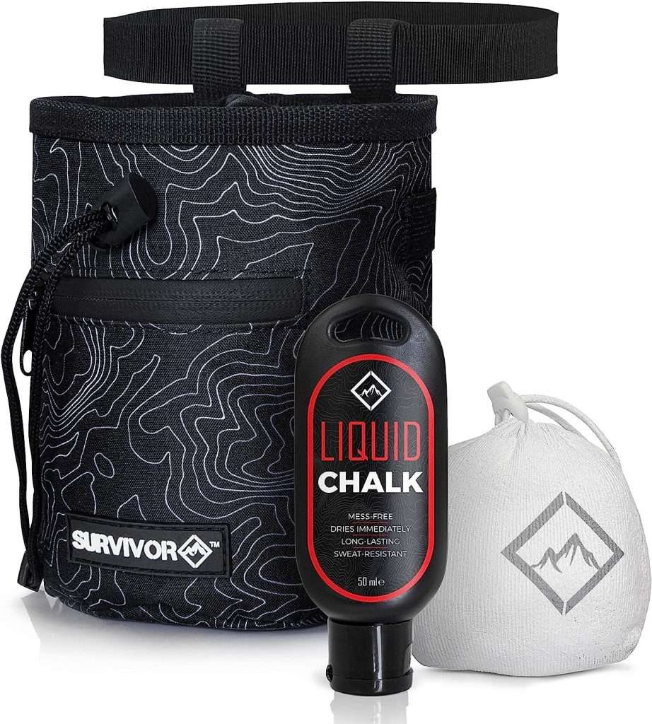SURVIVOR Chalk Bag + Refillable Chalk Ball + Liquid Chalk - Draw String  2 Zippered Pockets - Black Chalk Bag for Rock Climbing, Bouldering, Weightlifting with Hand Chalk Accessories for Extra Grip