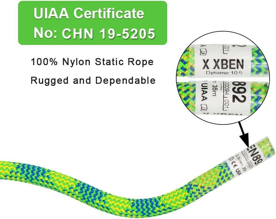 X XBEN 10.5 mm UIAA Dynamic Climbing Rope 20M(65FT) 35M(115FT) 45M(150FT) 60M(200FT), Safety Nylon Kernmantle Rope for Rock Climbing, Tree Climbing, Ice Climbing, Rappelling, Rescue